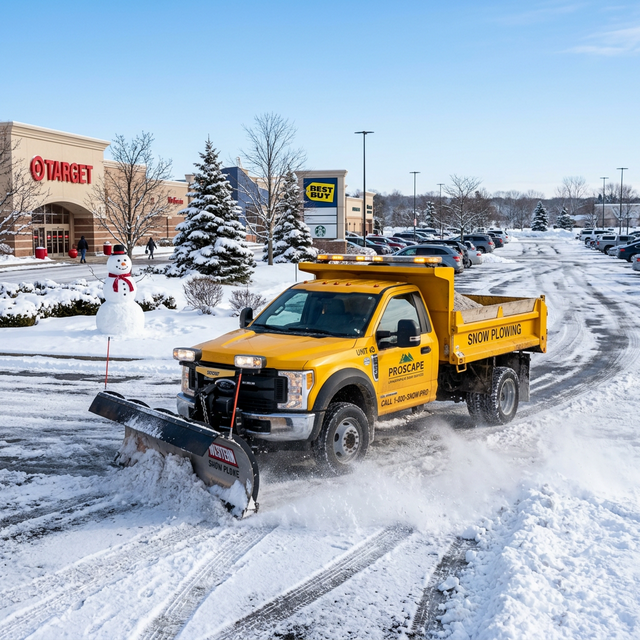 Bright yellow commercial snow plow truck clearing a large parking lot during winter, highlighting our 24/7 commercial snow management services.