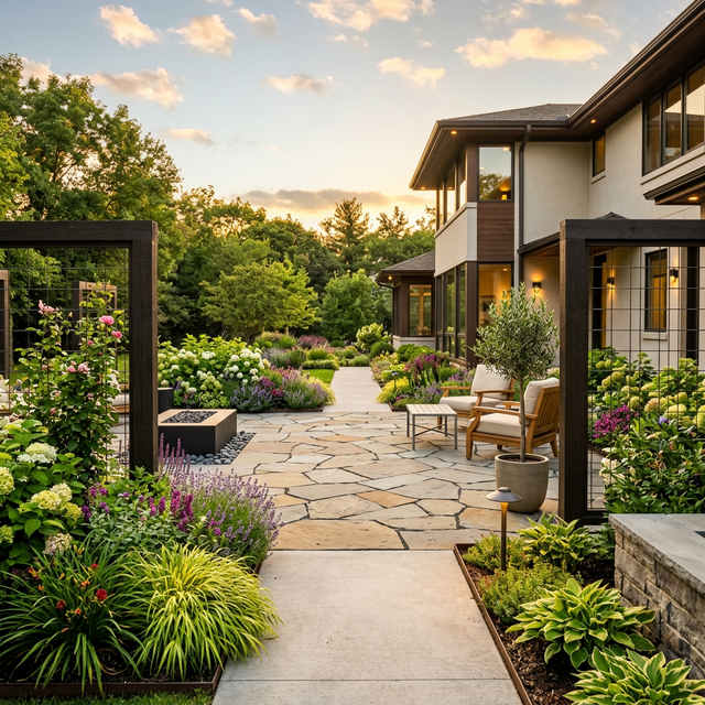 Beautifully constructed stone patio and modern hardscaping in a residential backyard, showcasing our premium landscape construction services.