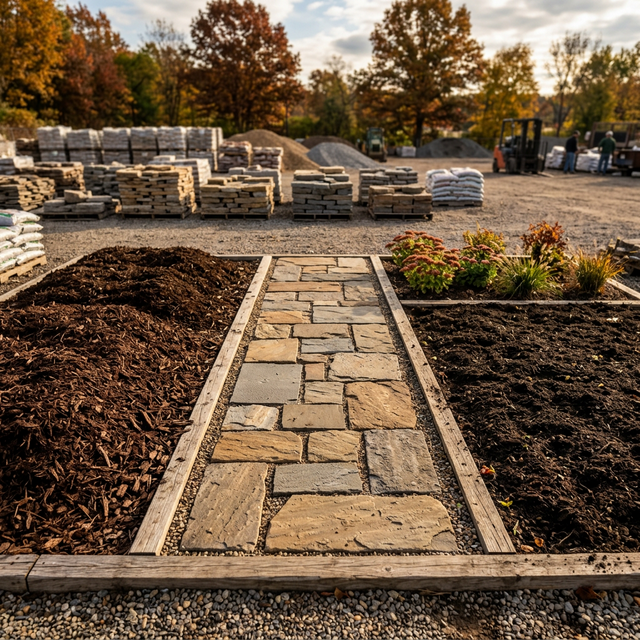 Premium dark brown mulch, organic soil, and natural stone pavers neatly arranged in a supply yard, showing our high-quality landscape materials.