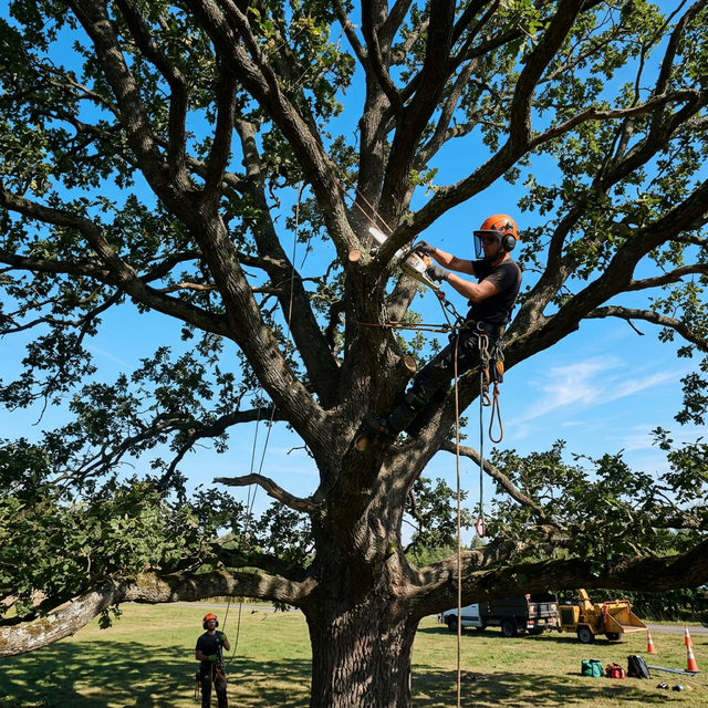 Professional arborist pruning a large oak tree with safety gear, representing our expert tree removal and pruning services.